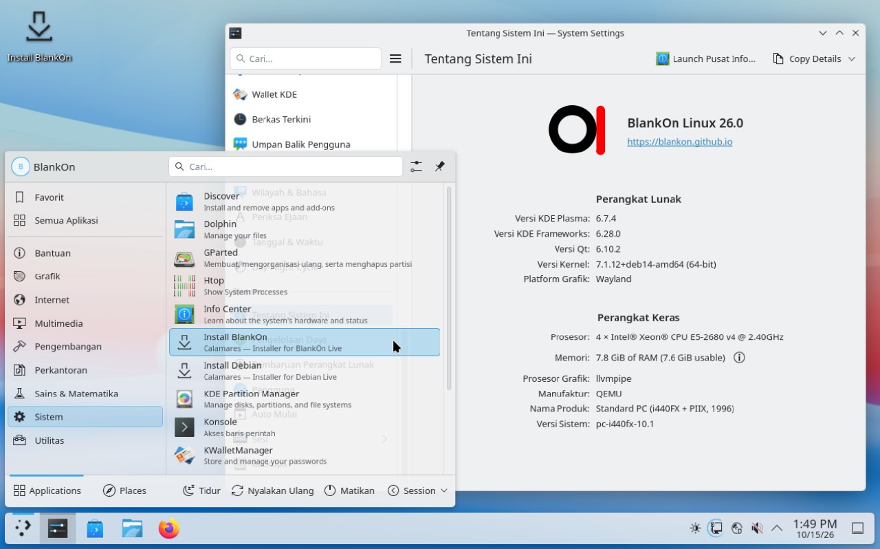 Jahitan harian KDE BlankOn Linux Sinambung yang menjalankan KDE Plasma 6.7.4, dengan menu aplikasi dan halaman Tentang Sistem Ini terbuka