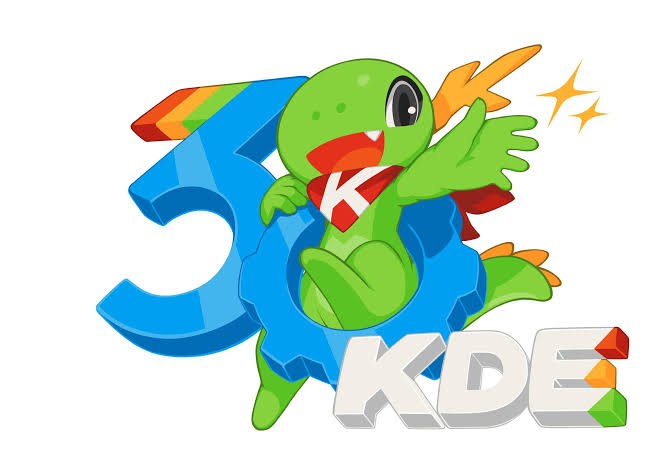 Ilustrasi ulang tahun ke-30 KDE dengan Konqi, maskot KDE